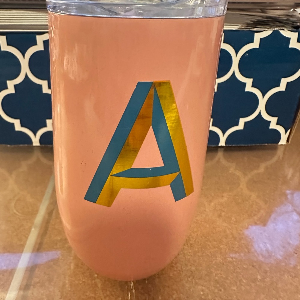 Pink Tumbler with Gold and Blue Lettering